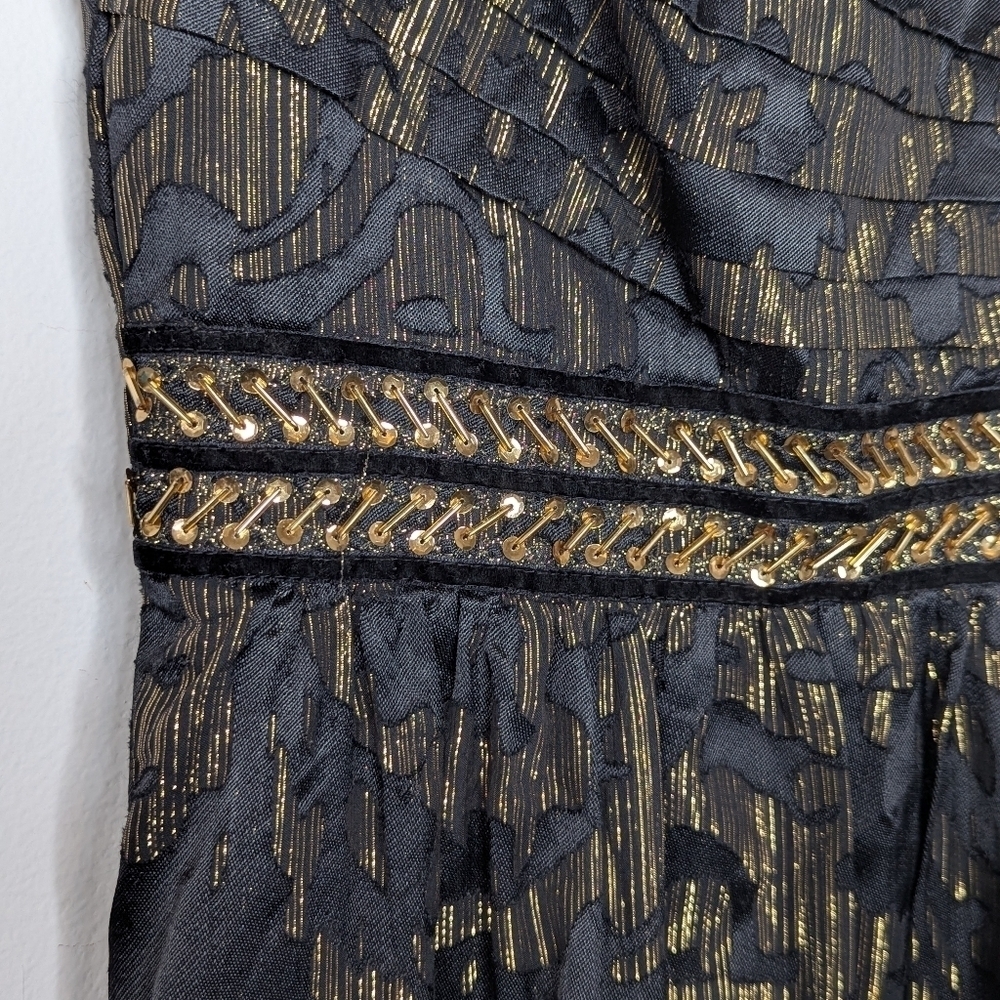 Oleg Cassini One Shoulder Empire Waist Maxi Gown Black Gold 14 - Picture 7 of 8